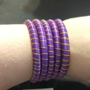 Gold Tone Purple Silk Thread Wrapped Bangle Statement Bracelet - Set of 5